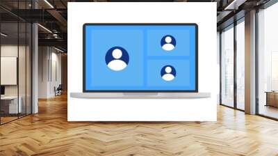 Video call template on laptop. Video conference icon . Users on computer screen.Online education . Office in home . 4 or 3 people in chat conference.Laptop with incoming call . Wall mural