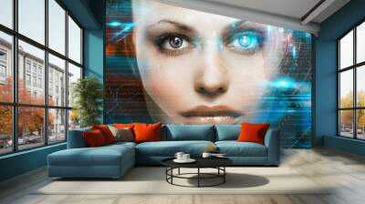 beautiful woman robot, cyborg, laser Wall mural