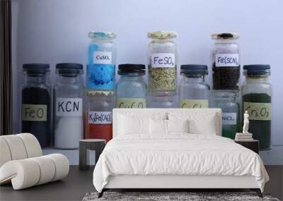 Glass jars with different colored inorganic reagents, with chemical formulas. Wall mural