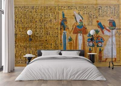 Egyptian ancient papyrus with the different pictures and hieroglyphics Wall mural