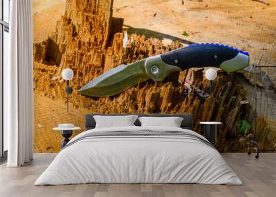 Folding knife on the old tree trunk Wall mural