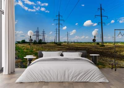 High voltage power line at the field on summer Wall mural