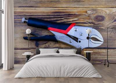 Locking pliers with red handles on a wooden background. Top view Wall mural