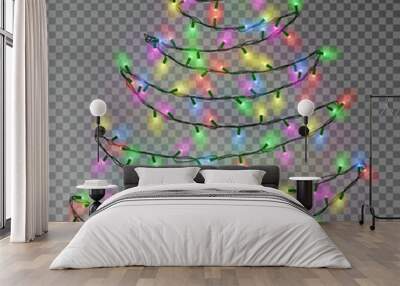 Christmas color tree of lights string hanging on wall. Transparent effect decoration isolated on dar Wall mural