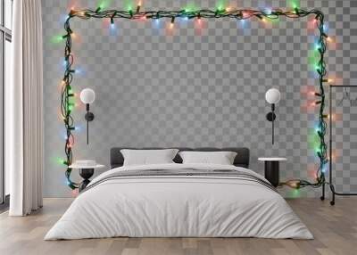 Christmas lights border vector, light string frame isolated on dark background with copy space. Tran Wall mural