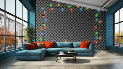 Christmas lights border vector, light string frame isolated on dark background with copy space. Tran Wall mural