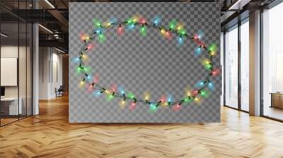 Christmas lights oval border vector, light string frame isolated on background with copy space. Transparent decorative garland. Xmas light roun border effect. Holiday decor. Vector illustration Wall mural