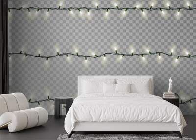 Christmas lights string seamless vector. Transparent white effect decoration isolated. Realistic Chr Wall mural