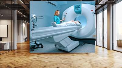 Radiologist consults patient before undergoing diagnostics using magnetic resonance imaging machine in medical center. Patient getting recommendations from doctor before tomography procedure. Wall mural