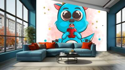 cute baby monster cartoon character holding a apple vector illustration Wall mural