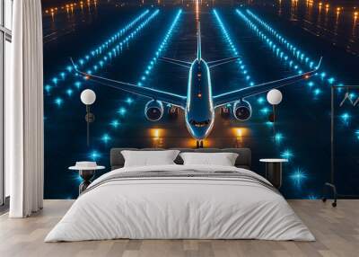 Airplane on a runway at night, illuminated by blue and green lights. Perfect for concepts of travel, aviation, and nighttime operations. Wall mural