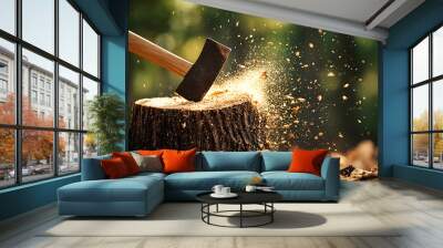 Axe hitting the cut wood tree stump in forest nature, copy space, sawdust flying in air. Timber log deforestation industry work tool or equipment, sharp metal blade, job, chop, brown Wall mural