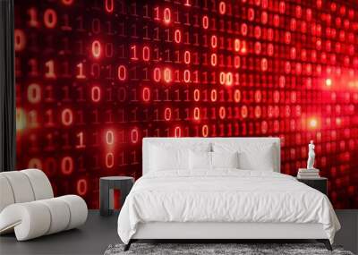 Digital red matrix wall background with numbers and letters. Futuristic technology binary code and computer data, virtual internet network program, digit, coding, cyberspace, security pattern Wall mural