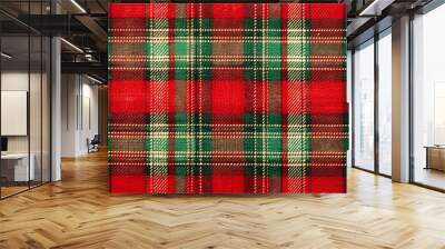 Festive red and green plaid fabric with subtle sheen, featuring classic Christmas tartan pattern with intricate woven design, perfect for holiday crafting projects. Wall mural