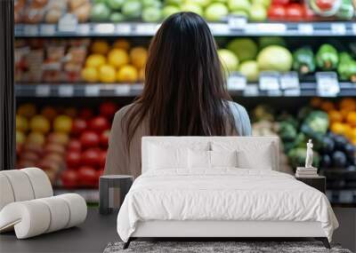 Rear back view of woman standing in supermarket retail store, female customer shopping for fruits and vegetables on shelf. Healthy organic fresh food diet, choosing grocery product, vegan consumerism Wall mural