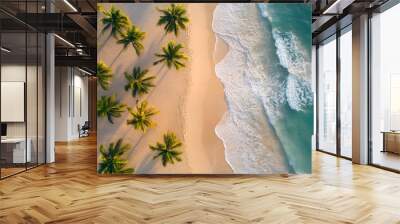 tropical beach scene at sunset, captured from a low angle, looking up at swaying palm trees that line the shore, their silhouettes contrasting against a colorful Wall mural