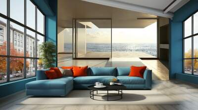 a modern living room with a view on the sea Wall mural