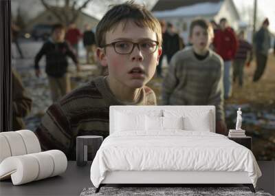 Cute boy with glasses and a knitted sweater on the background of a group of children Wall mural