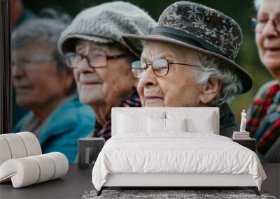 Elderly women in hats and eyeglasses in the park Wall mural