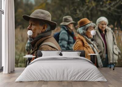 Group of senior people hiking in the forest. Group of elderly people walking outdoors. Wall mural