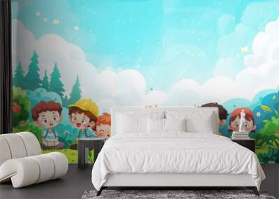 Happy children playing in the park. Cartoon style. Vector illustration. Wall mural