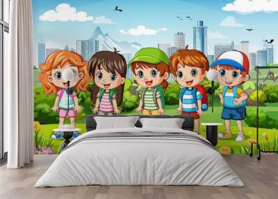 Happy kids standing in the park illustration for children's book or mobile application Wall mural