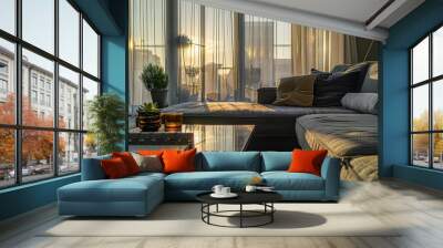 Living room with sofa, coffee table and plants. Wall mural