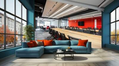 Modern conference room with red and black chairs. Wall mural