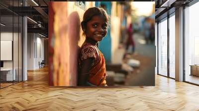 Portrait of a beautiful smiling Indian girl on the street at sunset. Wall mural