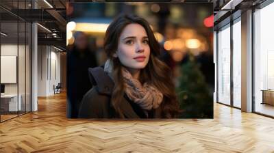 Portrait of a beautiful young woman in the city at night. Wall mural