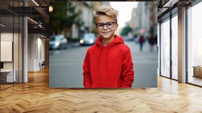 Portrait of a cute little boy in red hoodie and glasses on the street. Wall mural