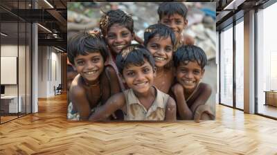 Portrait of a group of Indian children smiling at the camera Wall mural