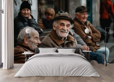 Portrait of a group of old people sitting in the street. Wall mural