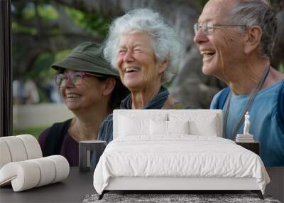 Portrait of a group of senior friends laughing together in the park Wall mural