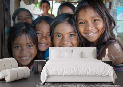 Portrait of a group of smiling asian girls in the village of Mandalay, Myanmar. Wall mural