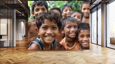 Portrait of a group of smiling boys and girls in the village. Wall mural