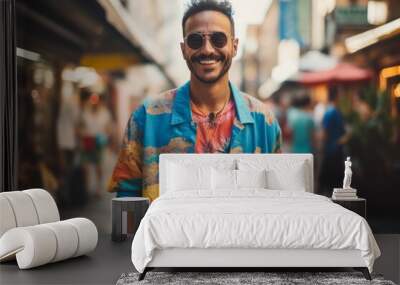 Portrait of a handsome young man with sunglasses and a colorful shirt walking in the city Wall mural