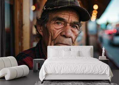 Portrait of an old man in a red plaid shirt and cap. Wall mural