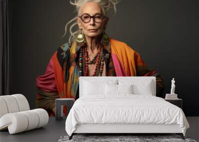 Stylish senior hippie woman in fashionable clothes and eyeglasses. Wall mural