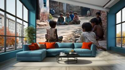 View of unknowns Nepali kids playing in the street of Kathmandu in the afternoon Wall mural