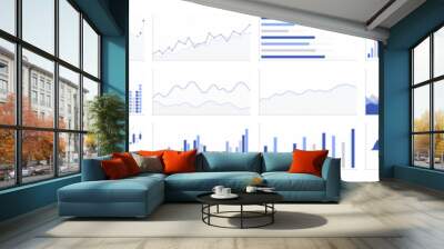 Business graphs and charts icons. Business infographics icons. Statistic and data, charts diagrams, money, down or up arrow, economy reduction. Financial chart. Vector illustration. Wall mural