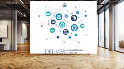 delivery mechanism concept. abstract background with connected gears and icons for logistic, service Wall mural