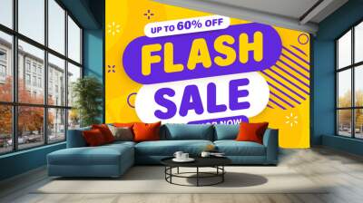 Flash Sale banner, special offer and sale. Shop now or this weekend only. Up to 50 or 60 or 70 off. Discount, mega sale. Vector illustration. Wall mural