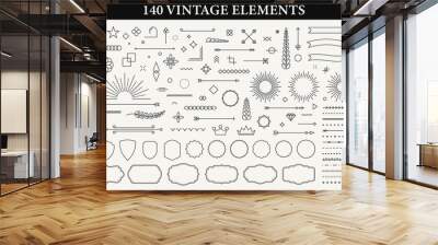 Set of 140 Vintage line elements. Retro design elements. Ornaments and Frames. Drawing geometrics line. Decoration, banners, posters, emblems, labels. Vector illustration. Wall mural