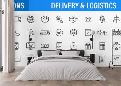 Set of 24 Delivery and logistics icons in line style. Courier, shipping, express delivery, tracking order, support, business. Vector illustration Wall mural