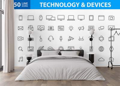 Set of 50 Device and technology web icons in line style. Computer monitor, smartphone, tablet and laptop. Vector illustration. Wall mural