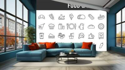 Set of 60 Food and drink web icons in line style. Meal, restaurant, dishes, fruits, fastfood, burger, pizza, coffee, sandwich, collection. Vector illustration. Wall mural