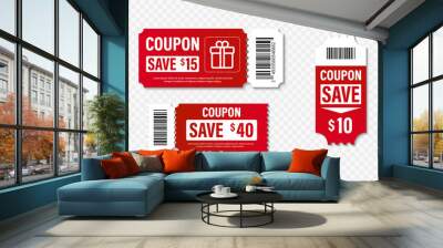 Set of Template Coupon. Gift Coupon element template, graphics design. Voucher promo code. Shopping, marketing, food and drink, business. Vector illustration. Wall mural