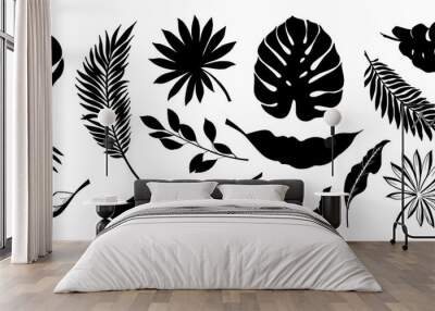 Set of Tropical leaves. Collection black leaves palm, fan palm, banana leaves. Nature leaves collection. Vector illustration. Wall mural