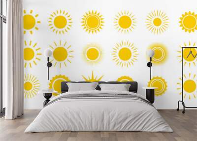 Sun icon set. Yellow sun star icons collection. Summer, sunlight, nature, sky. Vector illustration isolated on white background. Wall mural